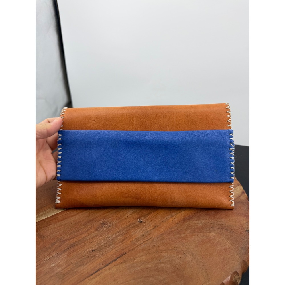 Noonday Collection Leather Envelope Clutch Women Small Tan Blue Whipstitch